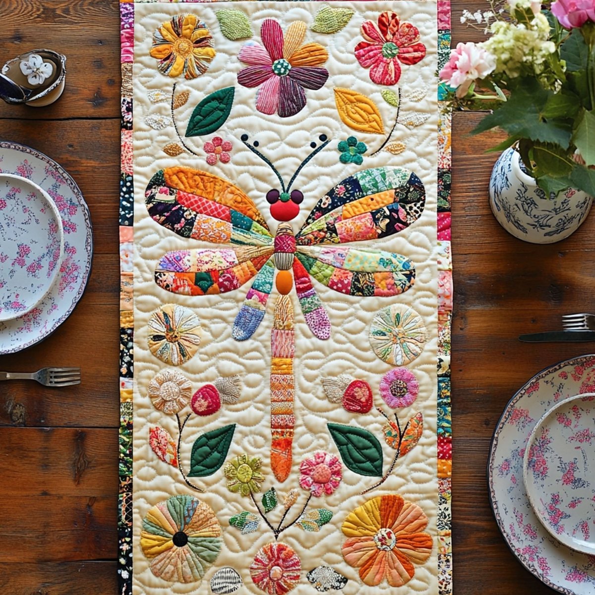 Dragonfly with Scattered Flowers on Cream Table Runner - Made to Order TABLE928