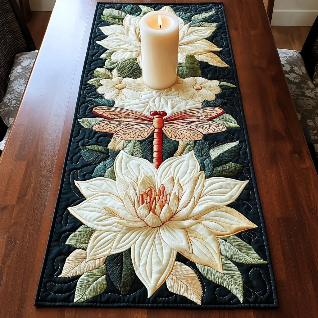 Dragonfly Above a Cream Lotus Table Runner - Made to Order TABLE928