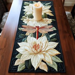 Dragonfly Above a Cream Lotus Table Runner - Made to Order TABLE928