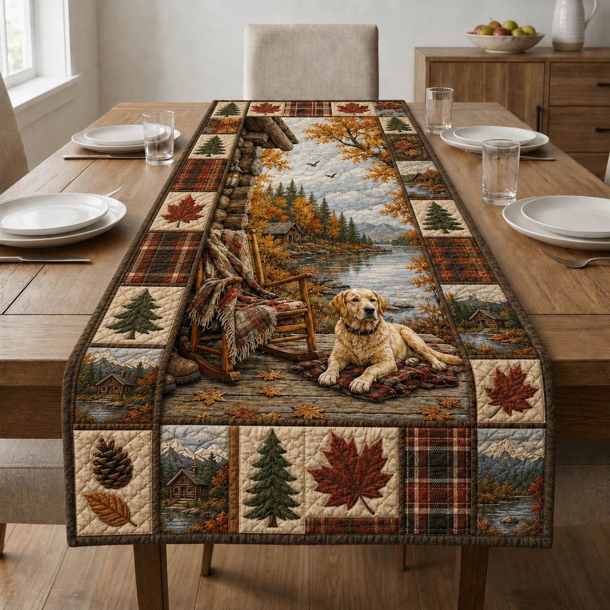Dog by Lake with Fall Leaves Table Runner - Made to Order TABLE928