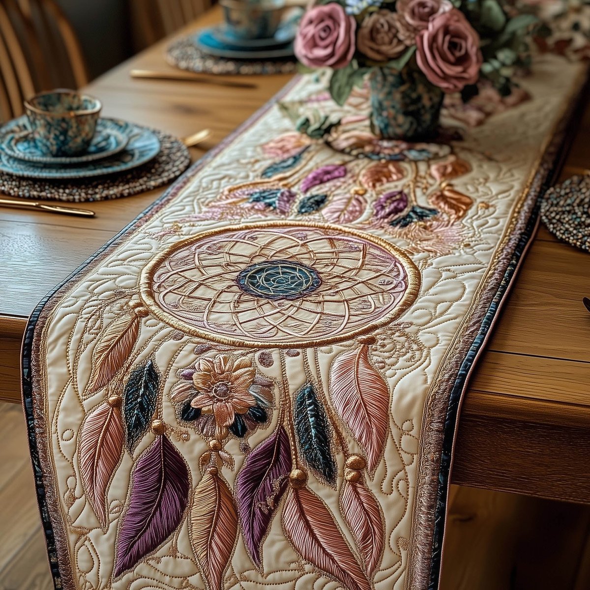 Dreamcatcher with Pink Feathers on Ivory Table Runner - Made to Order TABLE928