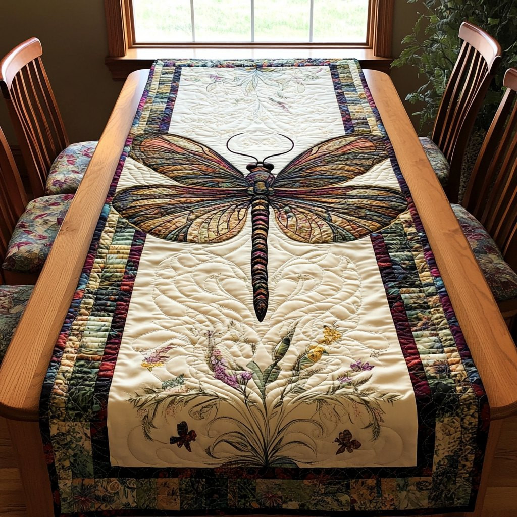Dragonfly on Cream with Wildflowers Table Runner - Made to Order TABLE928