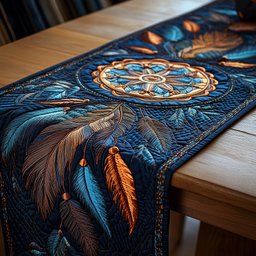 Dreamcatcher on Blue with Orange Feathers Table Runner - Made to Order TABLE928