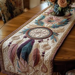 Dreamcatcher with Pastel Feathers on Cream Table Runner - Made to Order TABLE928