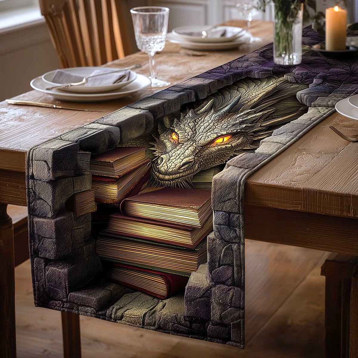 Dragon Among Stone Books Table Runner - Made to Order TABLE928