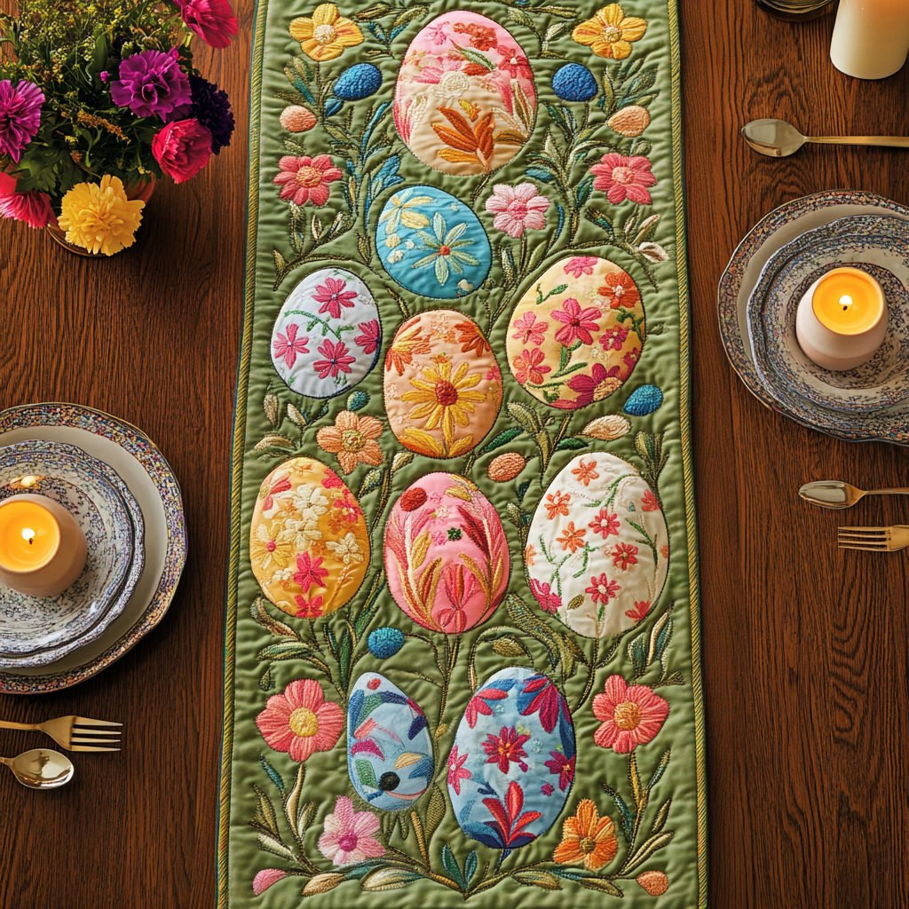 Easter Eggs with Flowers on Green Table Runner - Made to Order TABLE928
