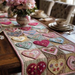 Embroidered Hearts on Cream Blocks Table Runner - Made to Order TABLE928