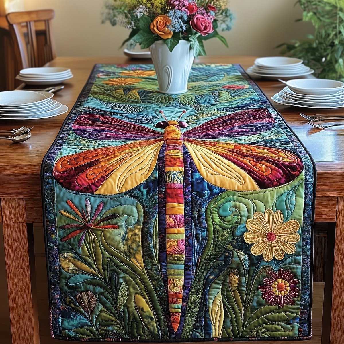 Dragonfly on Blue Green Foliage Table Runner - Made to Order TABLE928