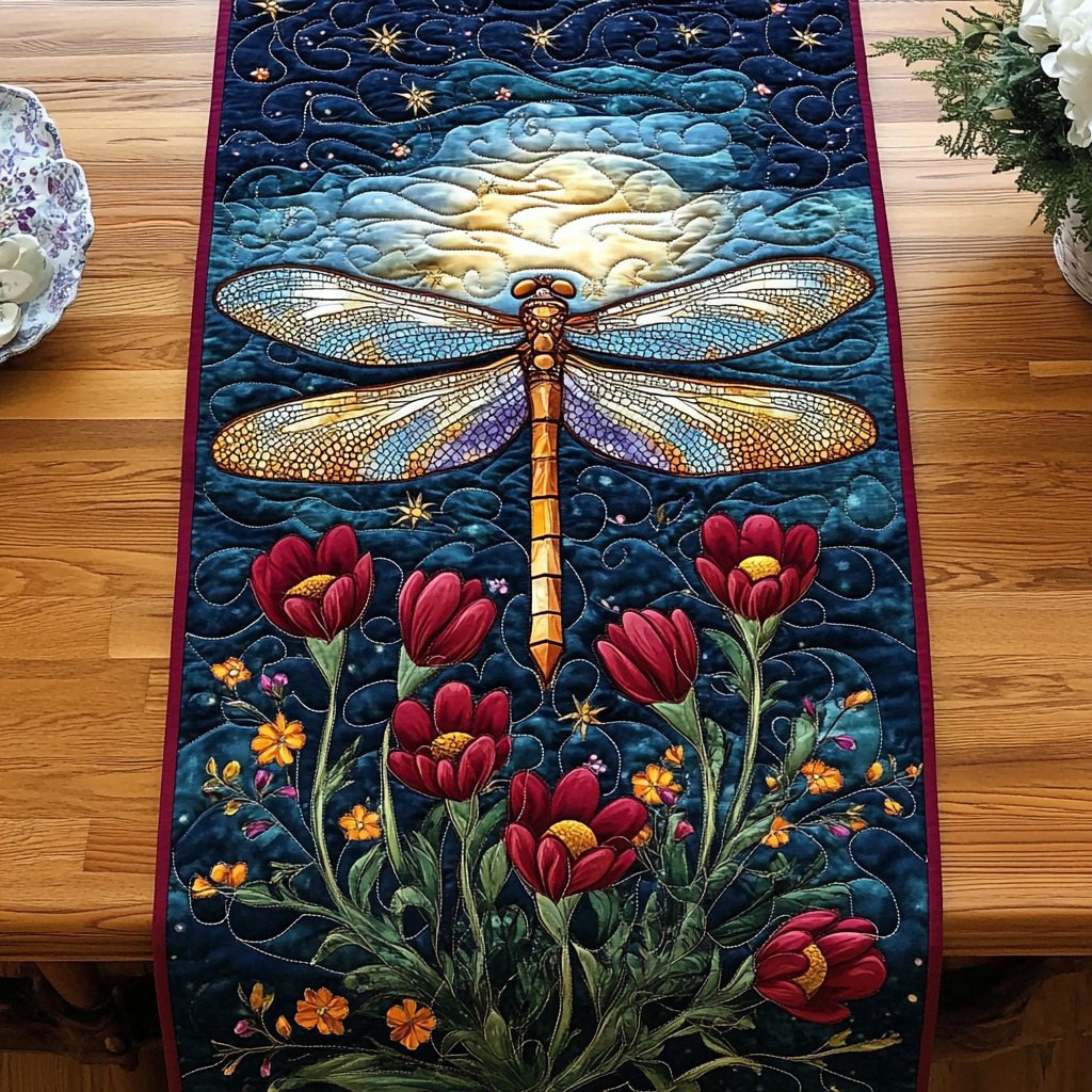 Dragonfly with Tulips on Navy Table Runner - Made to Order TABLE928