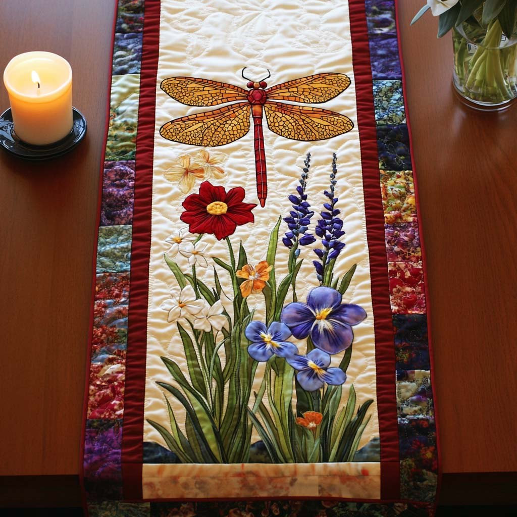 Dragonfly with Wildflowers on Cream Table Runner - Made to Order TABLE928