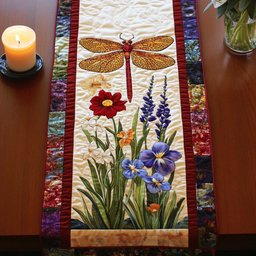Dragonfly with Wildflowers on Cream Table Runner - Made to Order TABLE928