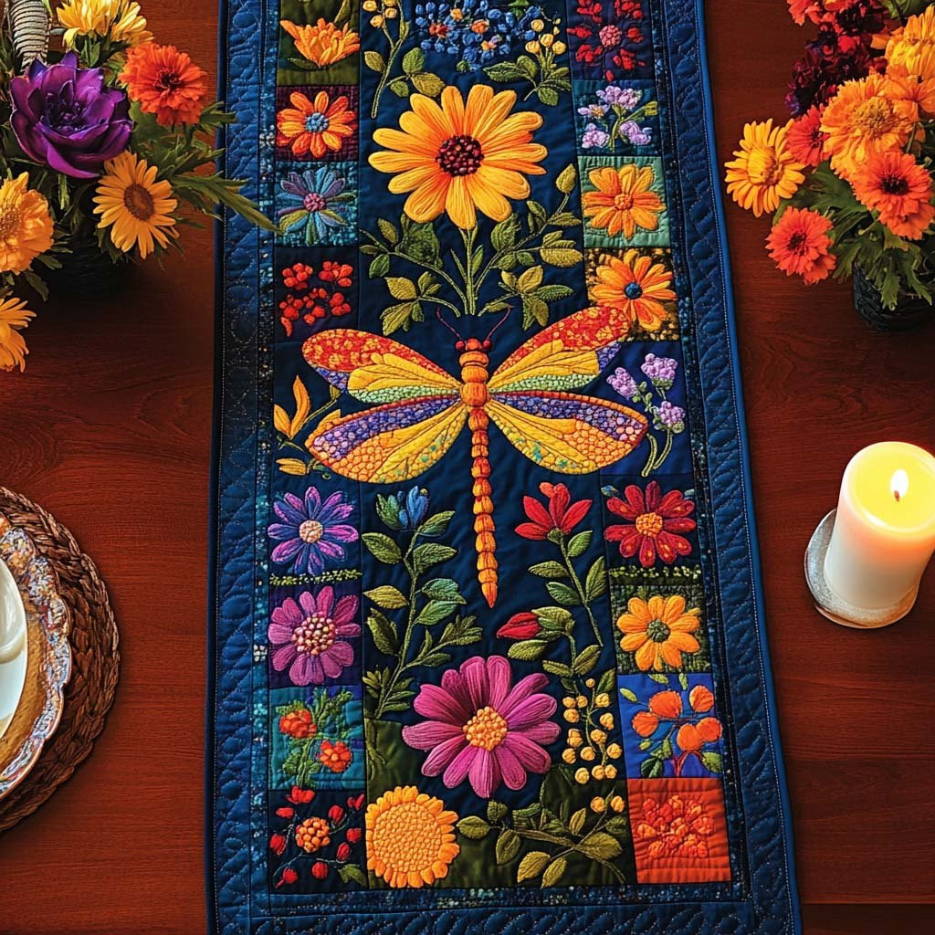 Dragonfly Among Flowers on Navy Table Runner - Made to Order TABLE928