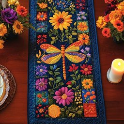 Dragonfly Among Flowers on Navy Table Runner - Made to Order TABLE928