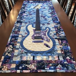 Denim Guitar on Blue Patchwork Table Runner - Made to Order TABLE928