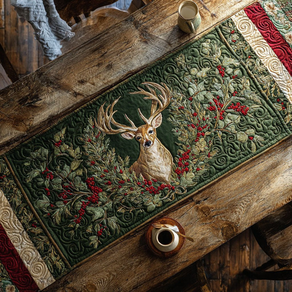Deer with Red Berries on Green Table Runner - Made to Order TABLE928