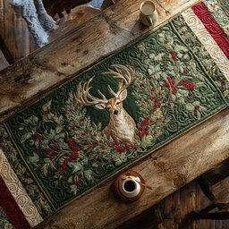 Deer with Red Berries on Green Table Runner - Made to Order TABLE928