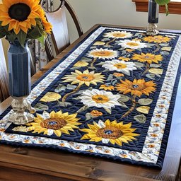 Delightful Sunflowers Sunflowers and White Daisies on Navy Table Runner - Made to Order TABLE928