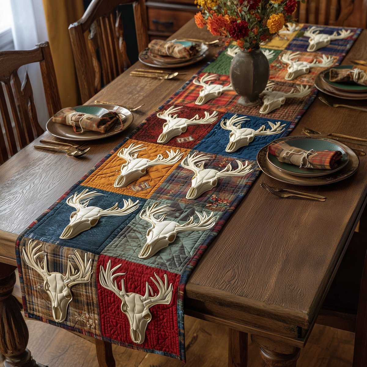 Deer Skulls in Orange and Red Table Runner - Made to Order TABLE928
