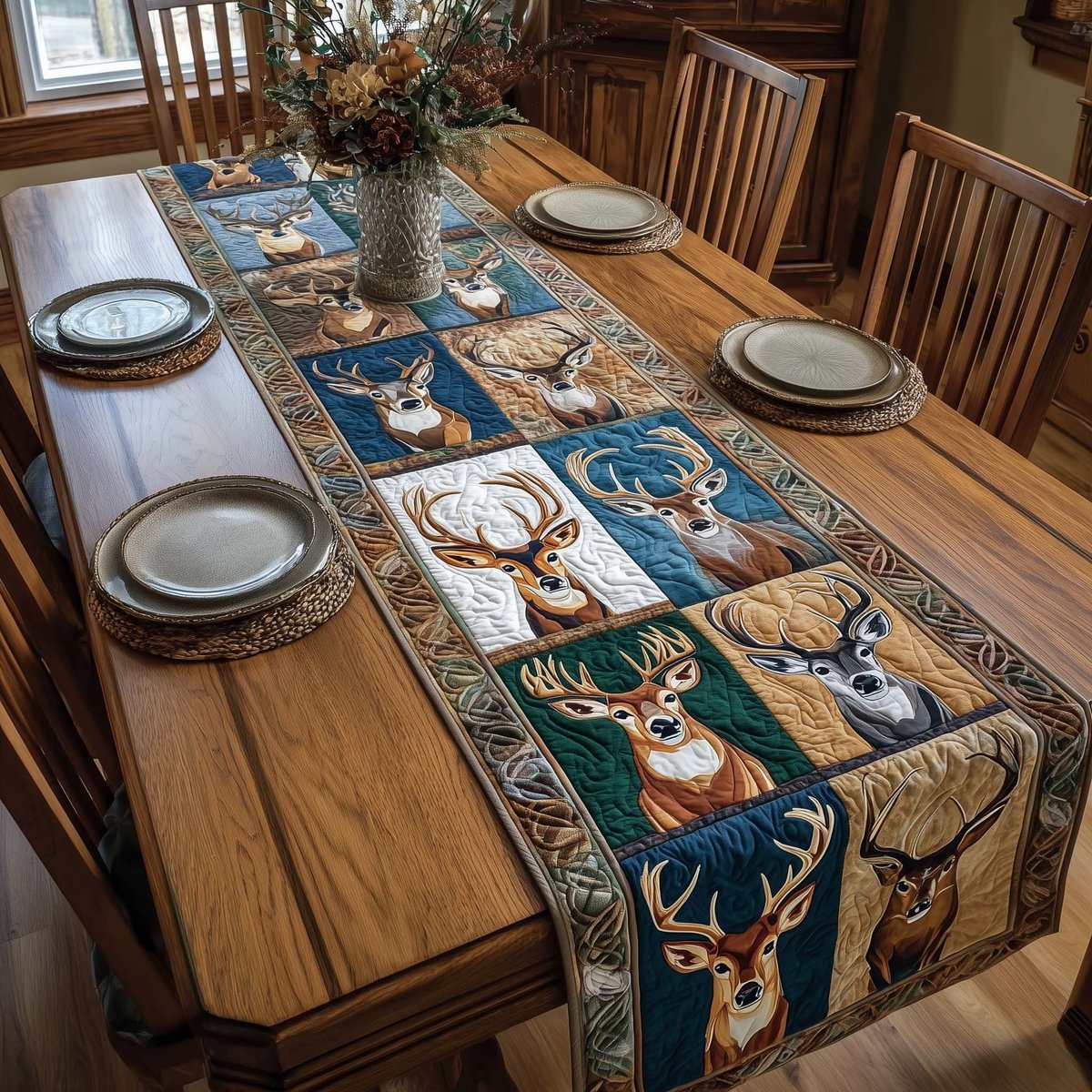 Deer Heads in Blue and Green Blocks Table Runner - Made to Order TABLE928