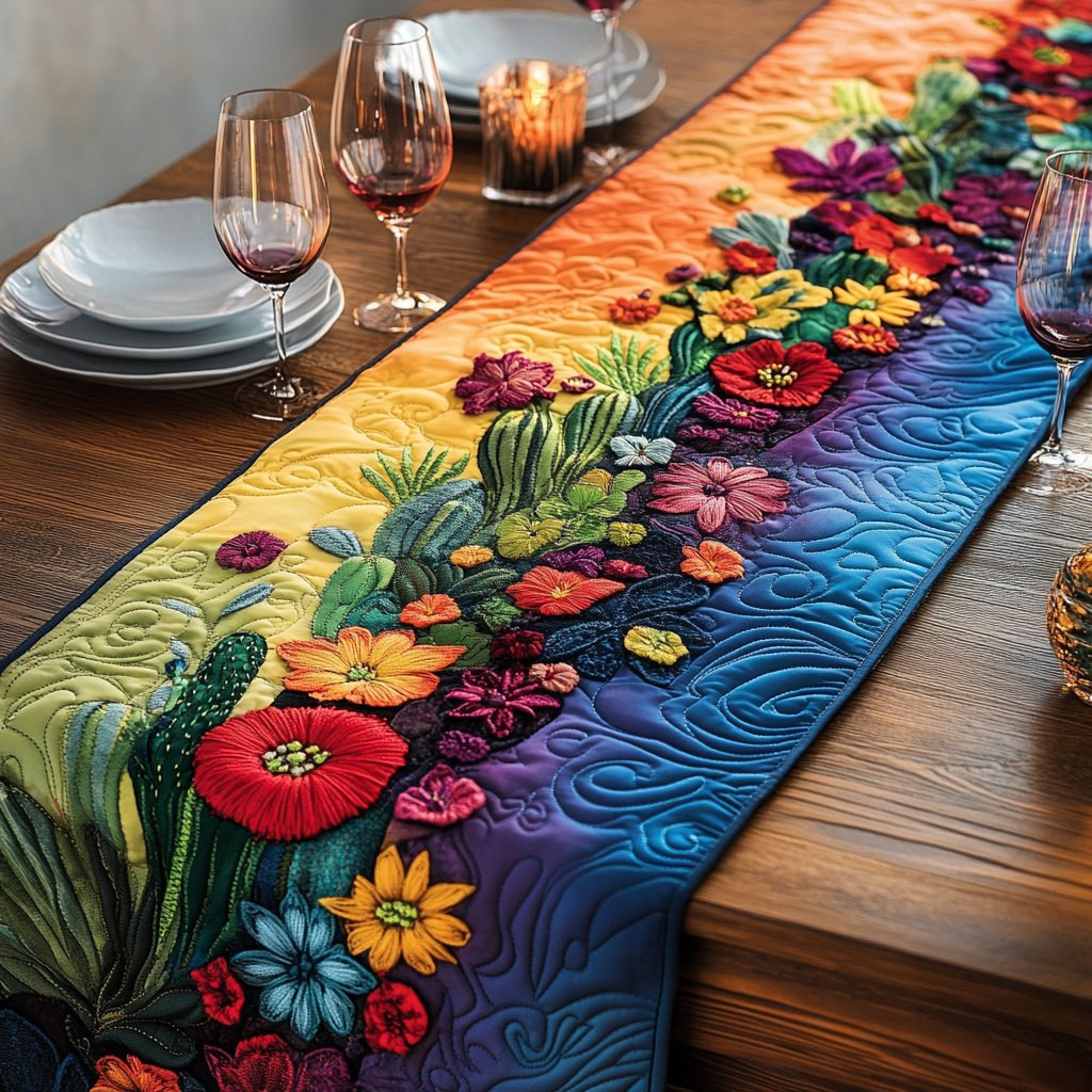 Desert Flowers on a Blue Border Table Runner - Made to Order TABLE928
