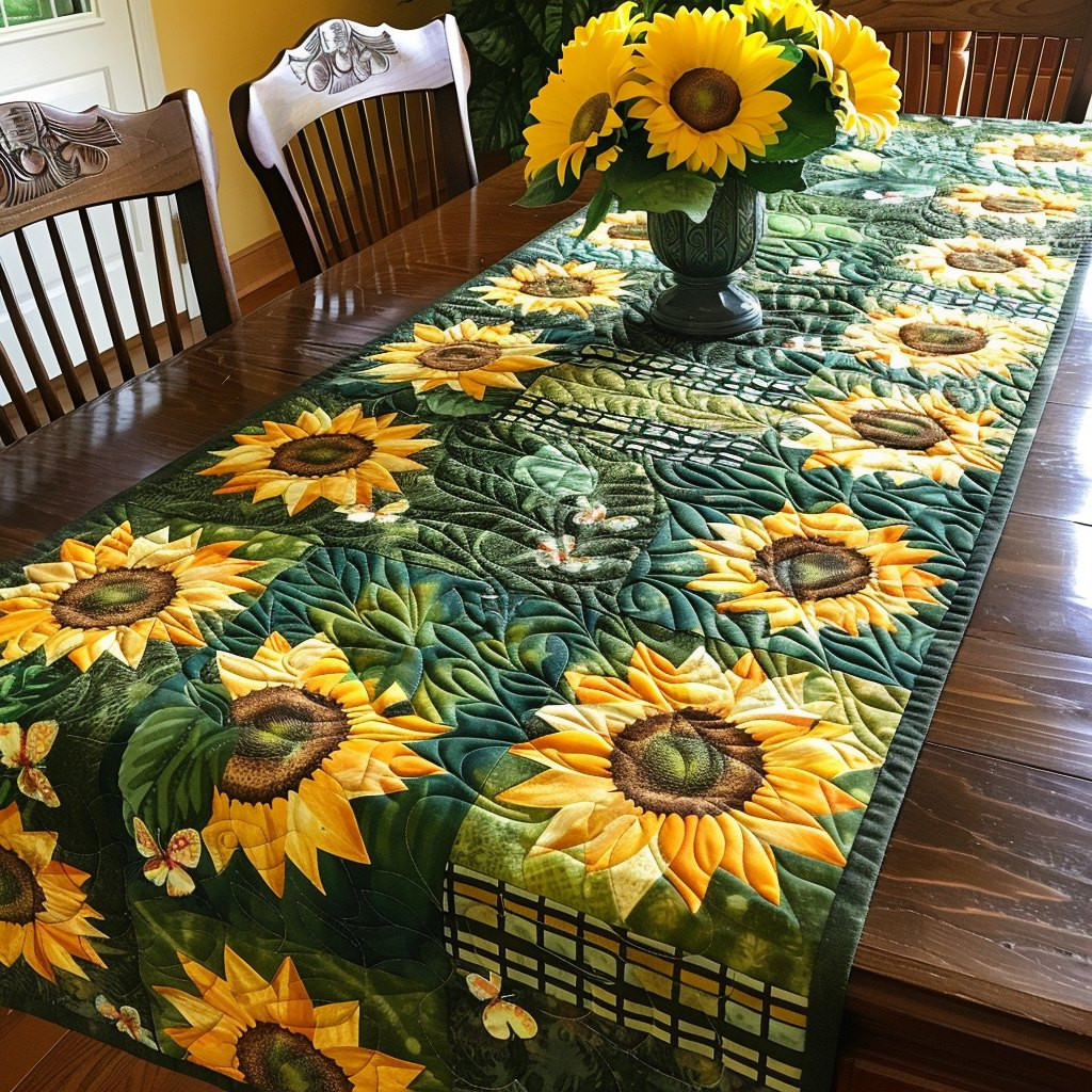 Dense Sunflowers on Green Leaves Table Runner - Made to Order TABLE928