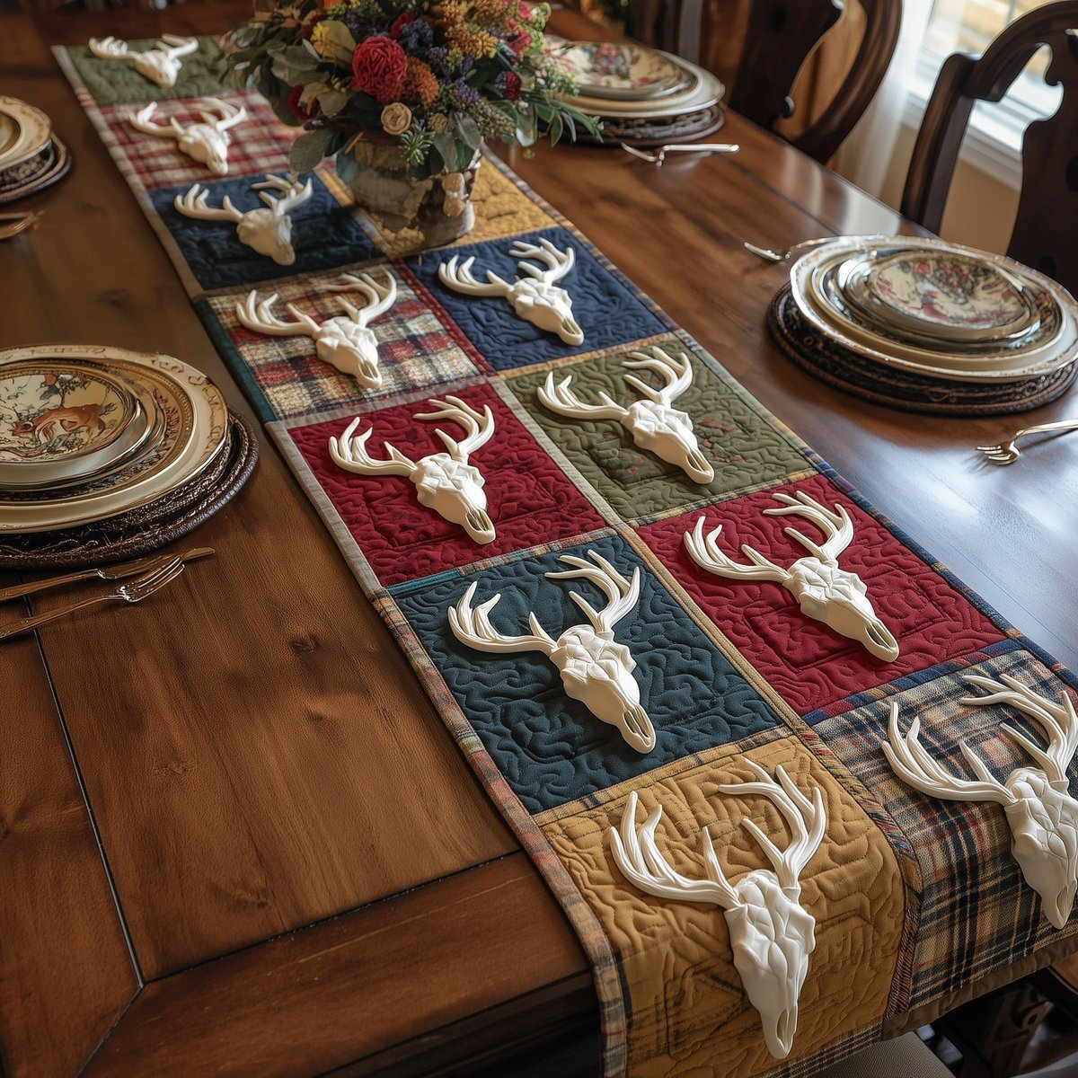 Deer Skulls in Red and Blue Table Runner - Made to Order TABLE928