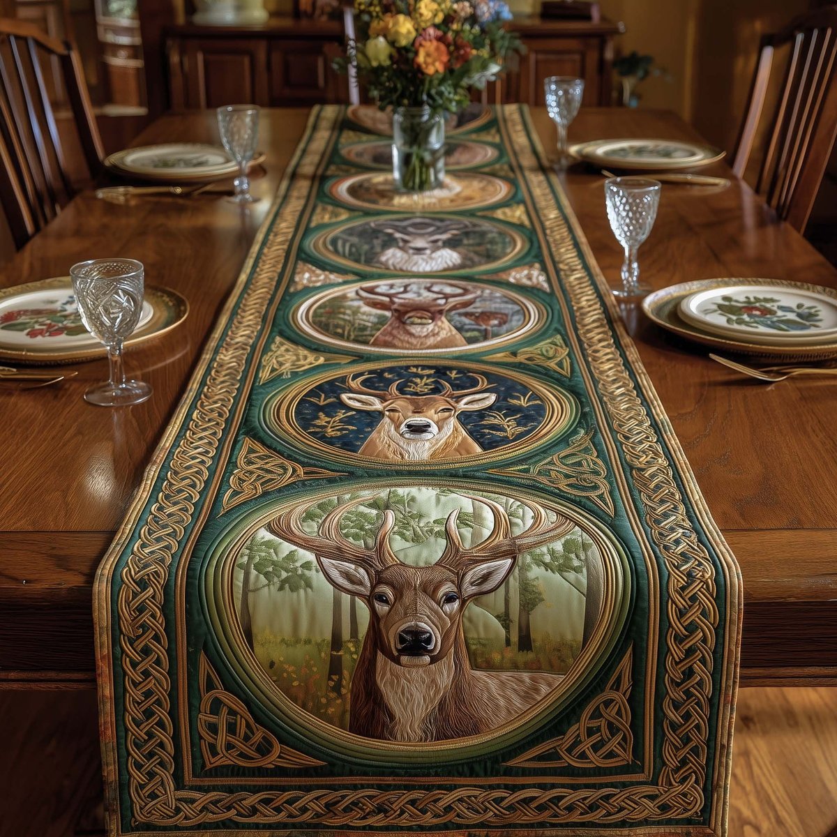 Deer in Green Oval Frames Table Runner - Made to Order TABLE928