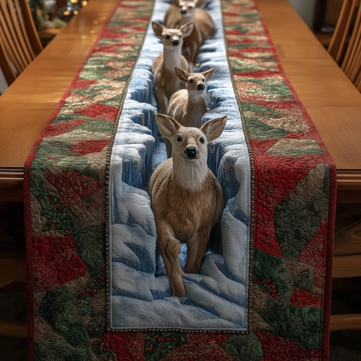 Deer Trio on Red Patchwork Border Table Runner - Made to Order TABLE928