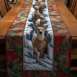 Deer Trio on Red Patchwork Border Table Runner - Made to Order TABLE928