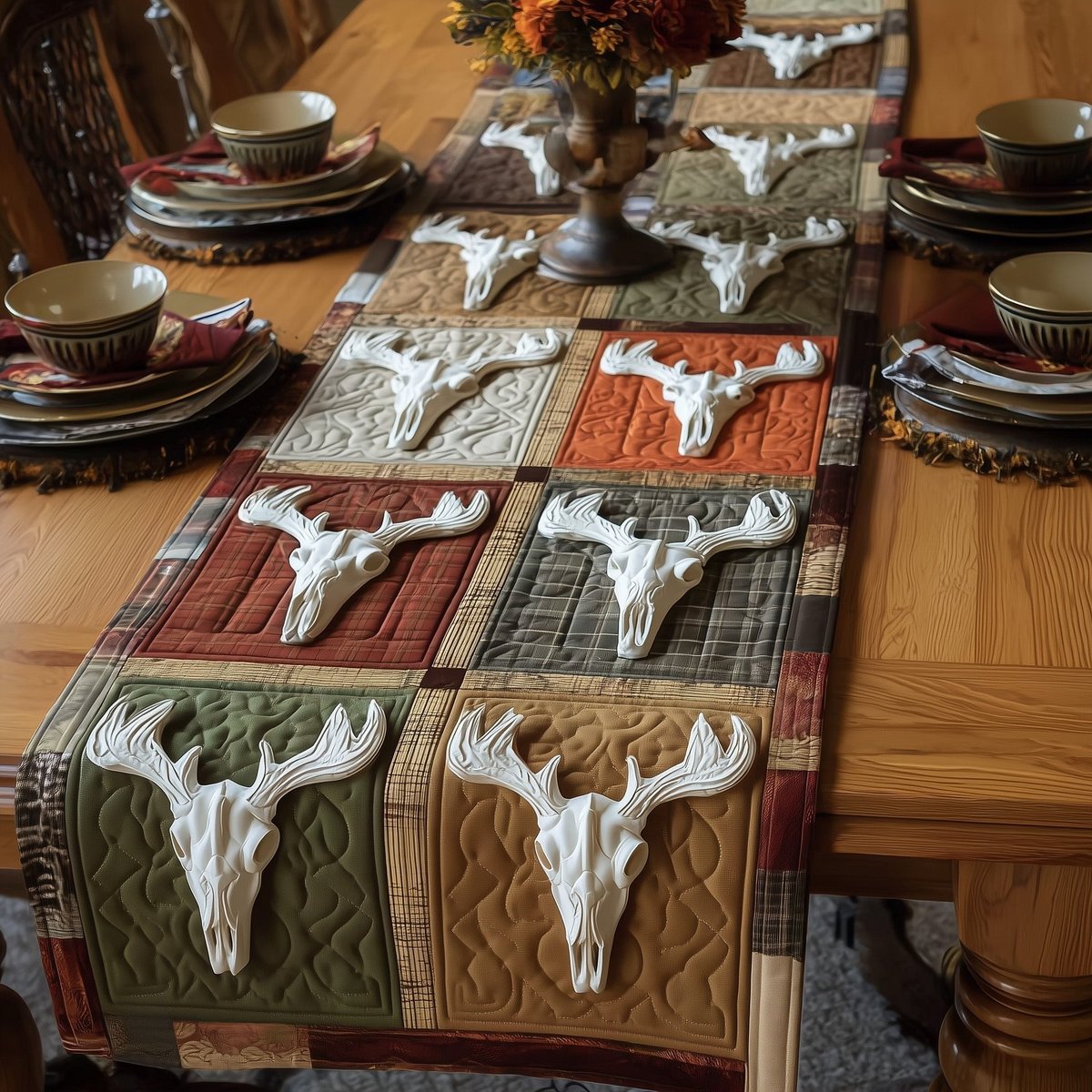 Deer Skulls in Colored Squares Table Runner - Made to Order TABLE928