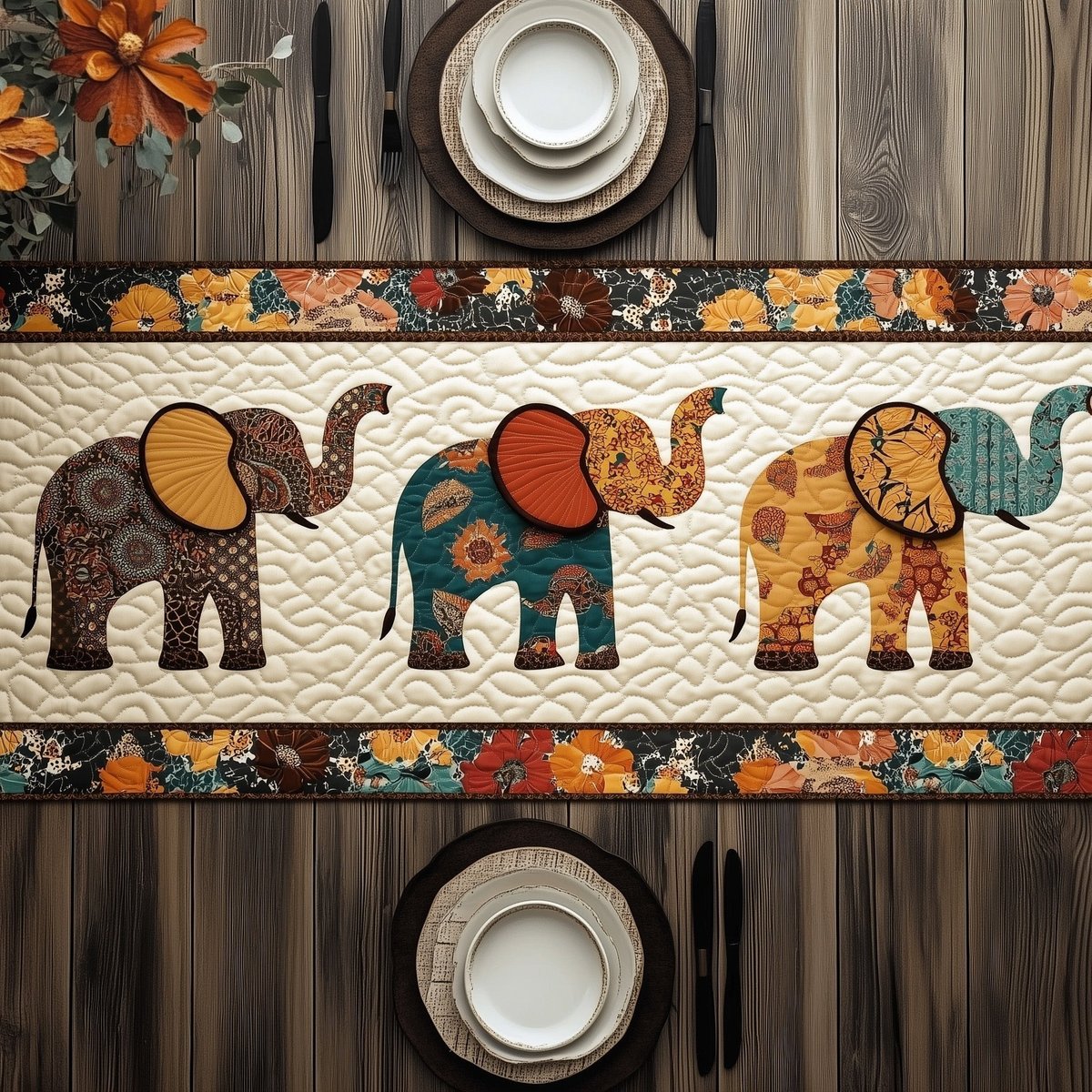 Decorated Elephants Facing Each Other Table Runner - Made to Order TABLE928