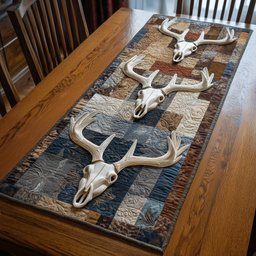 Deer Skulls on Blue Patchwork Table Runner - Made to Order TABLE928