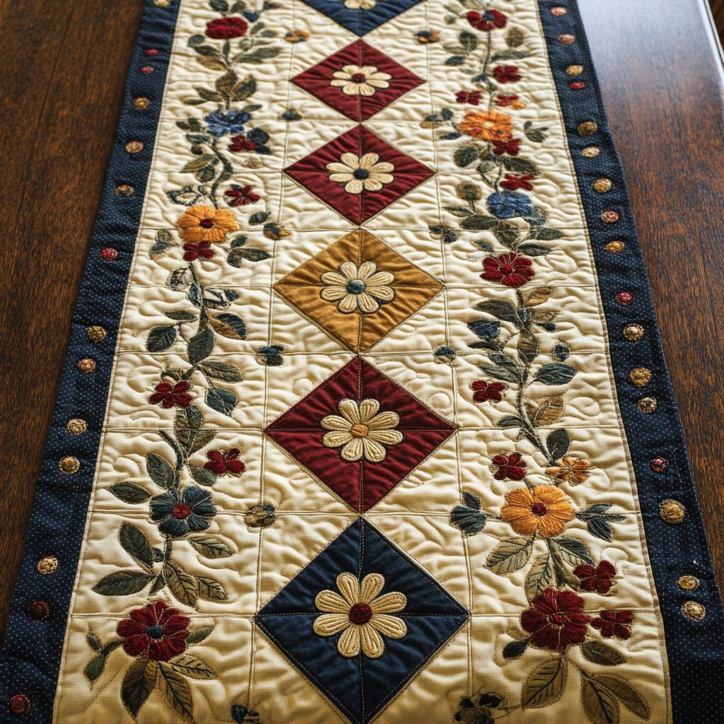 Diamond Blocks with Folk Flowers Table Runner - Made to Order TABLE928