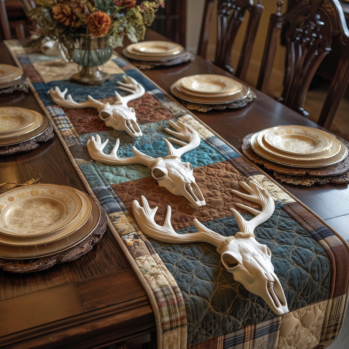 Deer Skulls on Teal Patchwork Table Runner - Made to Order TABLE928