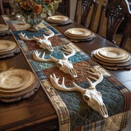 Deer Skulls on Teal Patchwork Table Runner - Made to Order TABLE928