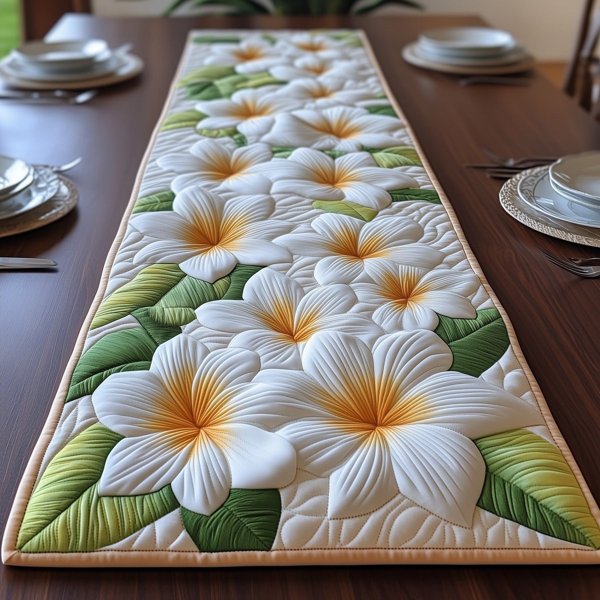 Dense Cream Plumeria Blooms Table Runner - Made to Order TABLE928