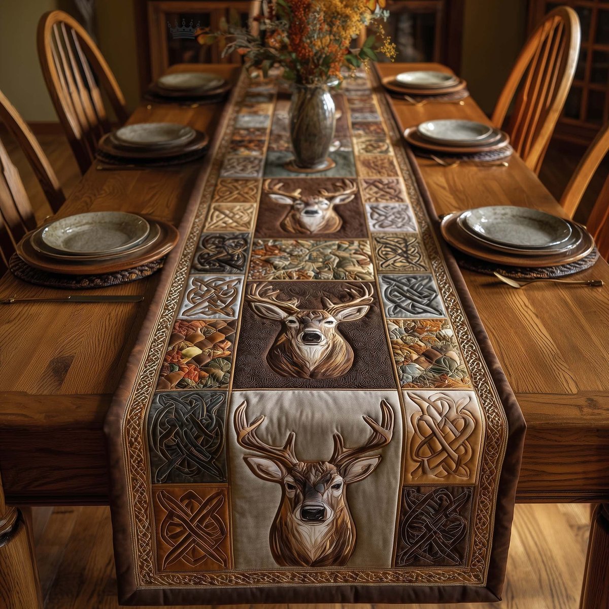 Deer Heads in Brown Celtic Blocks Table Runner - Made to Order TABLE928