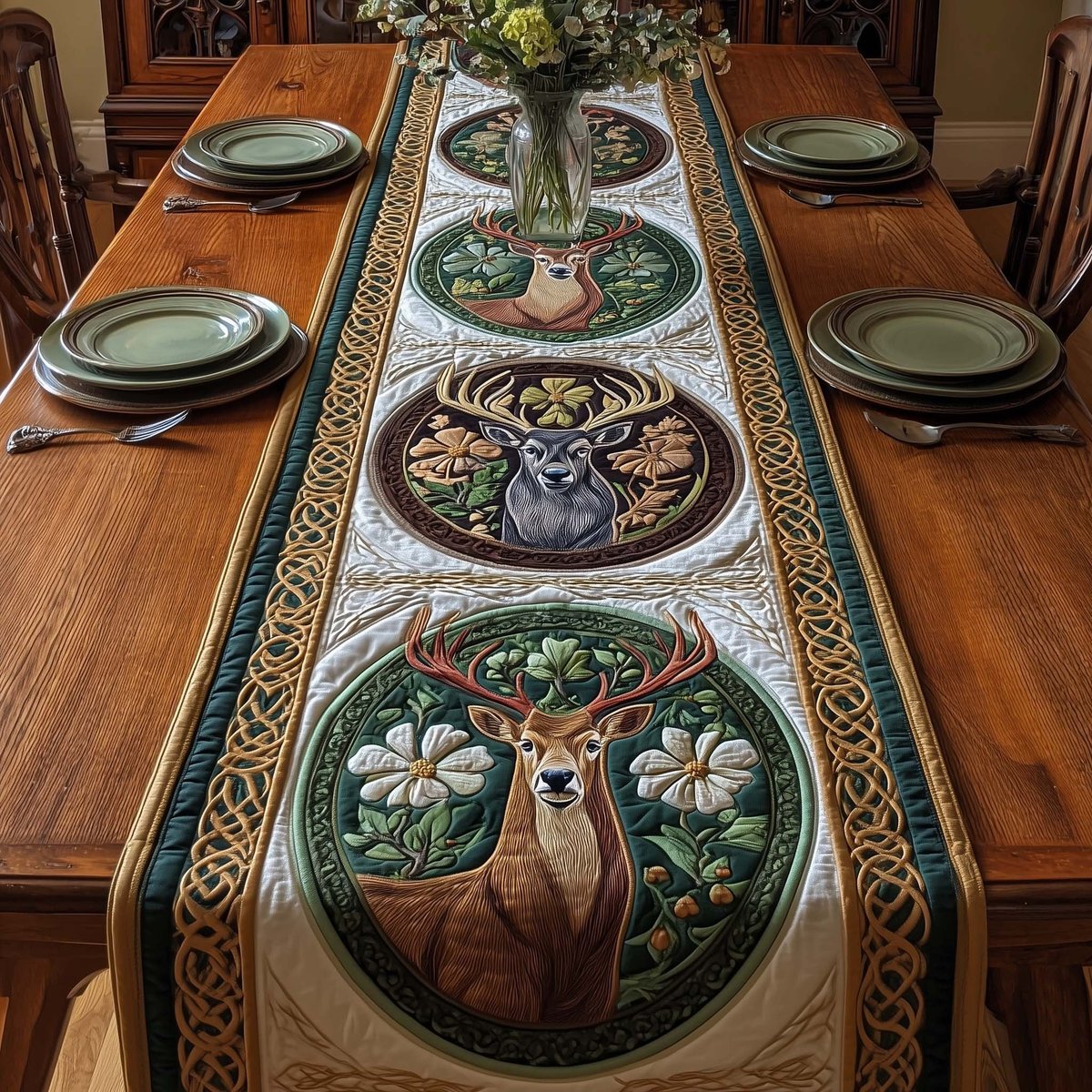 Deer in Oval Medallions with Daisies Table Runner - Made to Order TABLE928