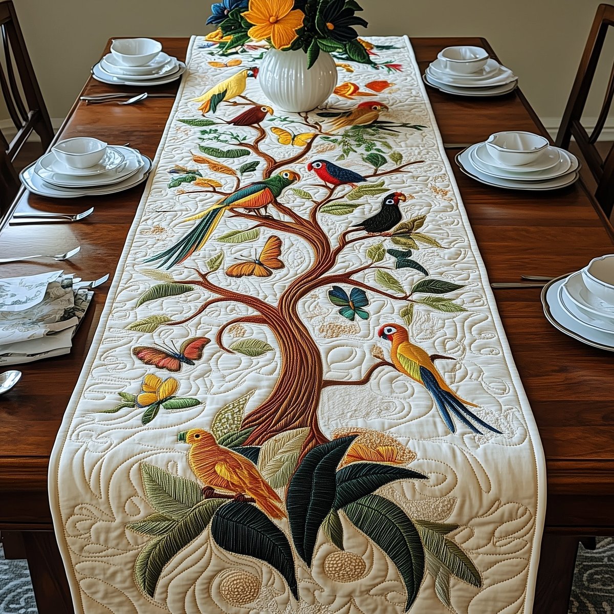 Curving Tree with Parrots and Finches Table Runner - Made to Order TABLE928