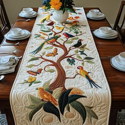 Curving Tree with Parrots and Finches Table Runner - Made to Order TABLE928