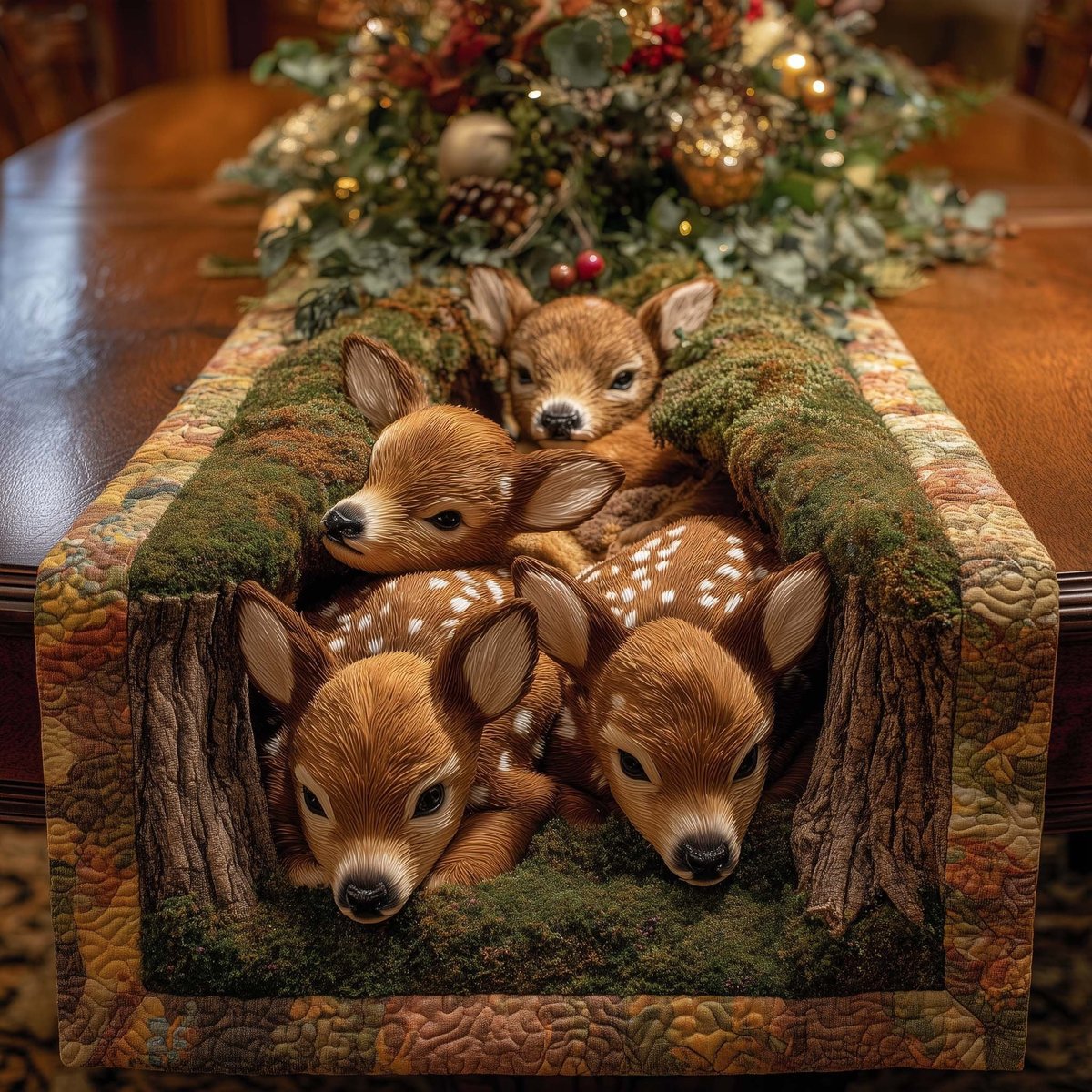 Curled Fawns in Green Moss Table Runner - Made to Order TABLE928
