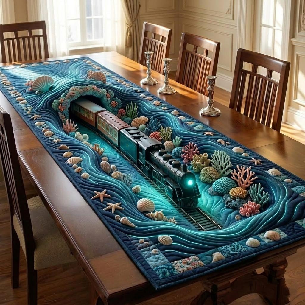 Curling Wave over Coral and Shells Table Runner - Made to Order TABLE928