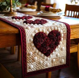 Dark Red Rose Heart on Cream Table Runner - Made to Order TABLE928