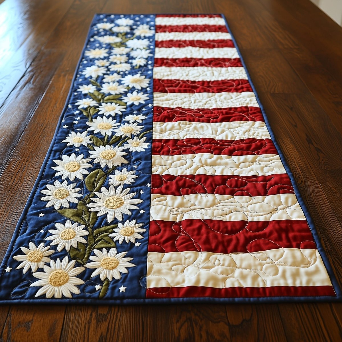 Daisy Stems on Blue Flag Panel Table Runner - Made to Order TABLE928