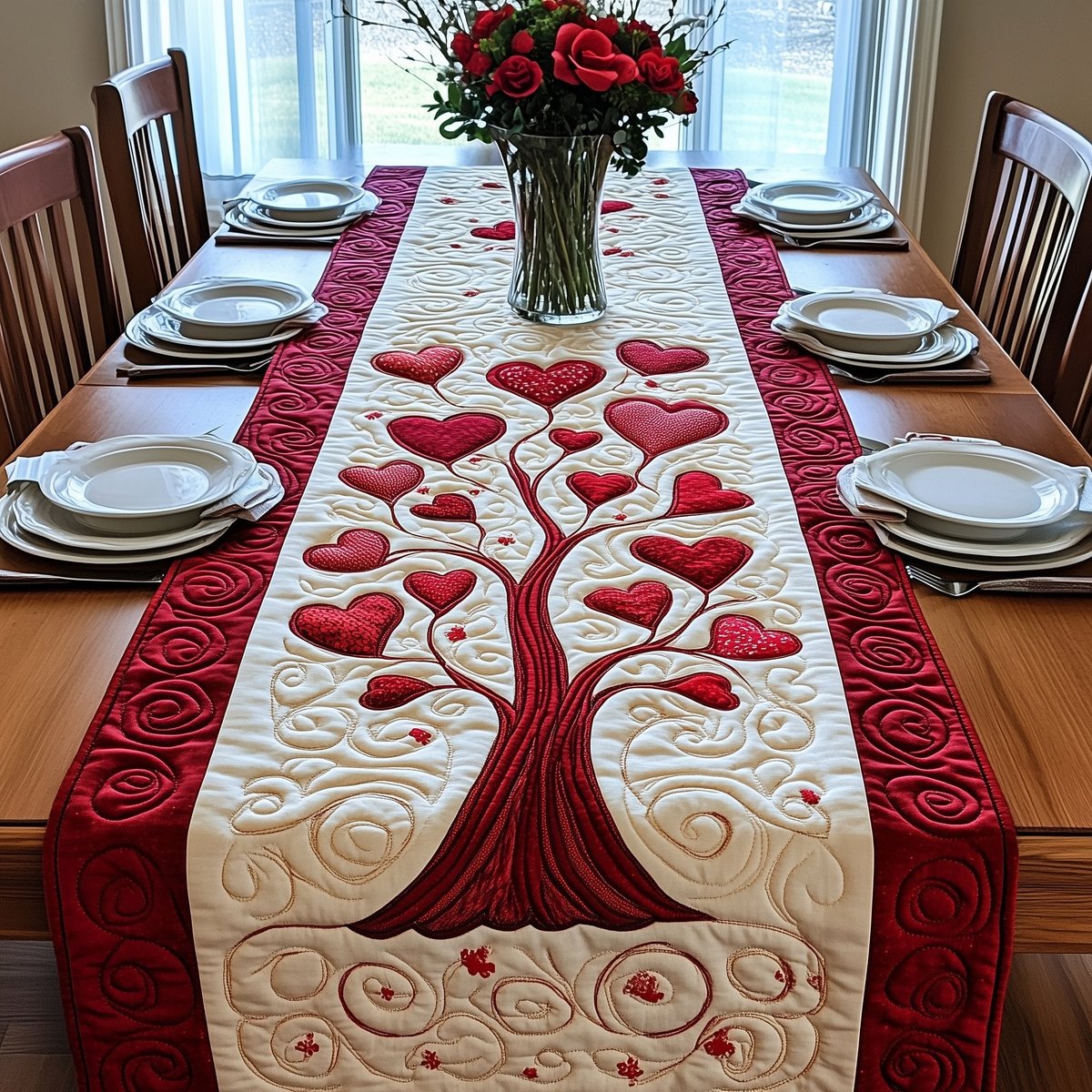 Dark Red Heart Tree with Swirls Table Runner - Made to Order TABLE928