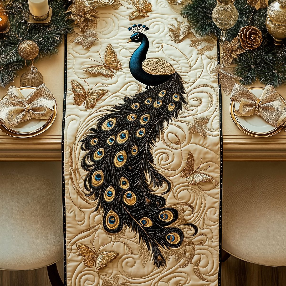 Curving Peacock Tail on Ivory Table Runner - Made to Order TABLE928
