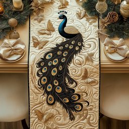 Curving Peacock Tail on Ivory Table Runner - Made to Order TABLE928