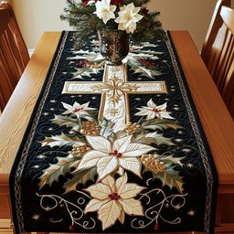 Cross with White Poinsettias on Black Table Runner - Made to Order TABLE928