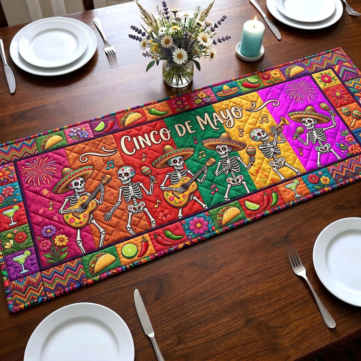 Dancing Skeletons on Pink Border Table Runner - Made to Order TABLE928