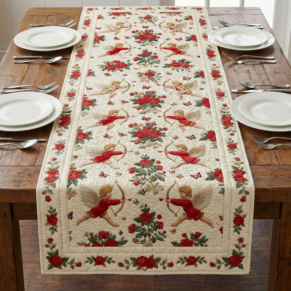 Cupids and Roses on Ivory Table Runner - Made to Order TABLE928